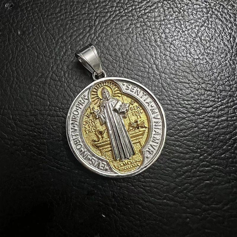 Planderful Saint Benedict Exorcism Pendant Necklace In Titanium Steel Gold Plated For Hip Hop Fans