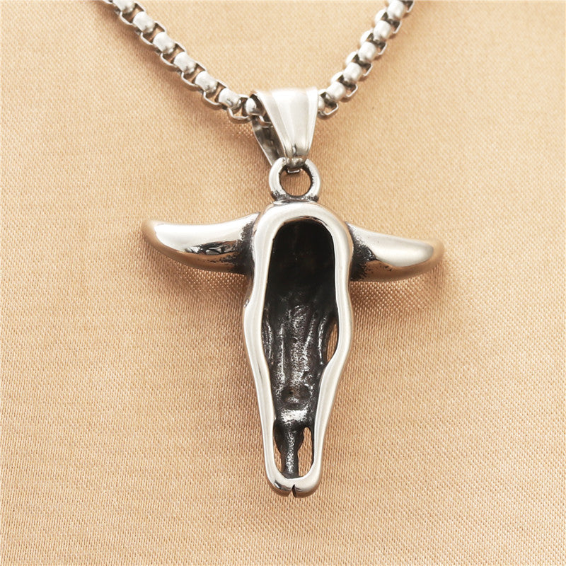 Punk-Inspired Titanium Steel Cow Skull Pendant Necklace for Men - Retro Animal Design
