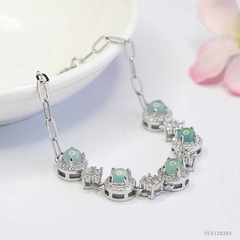 Blue Water Jadeite Prong-Set Cabochon Bracelet