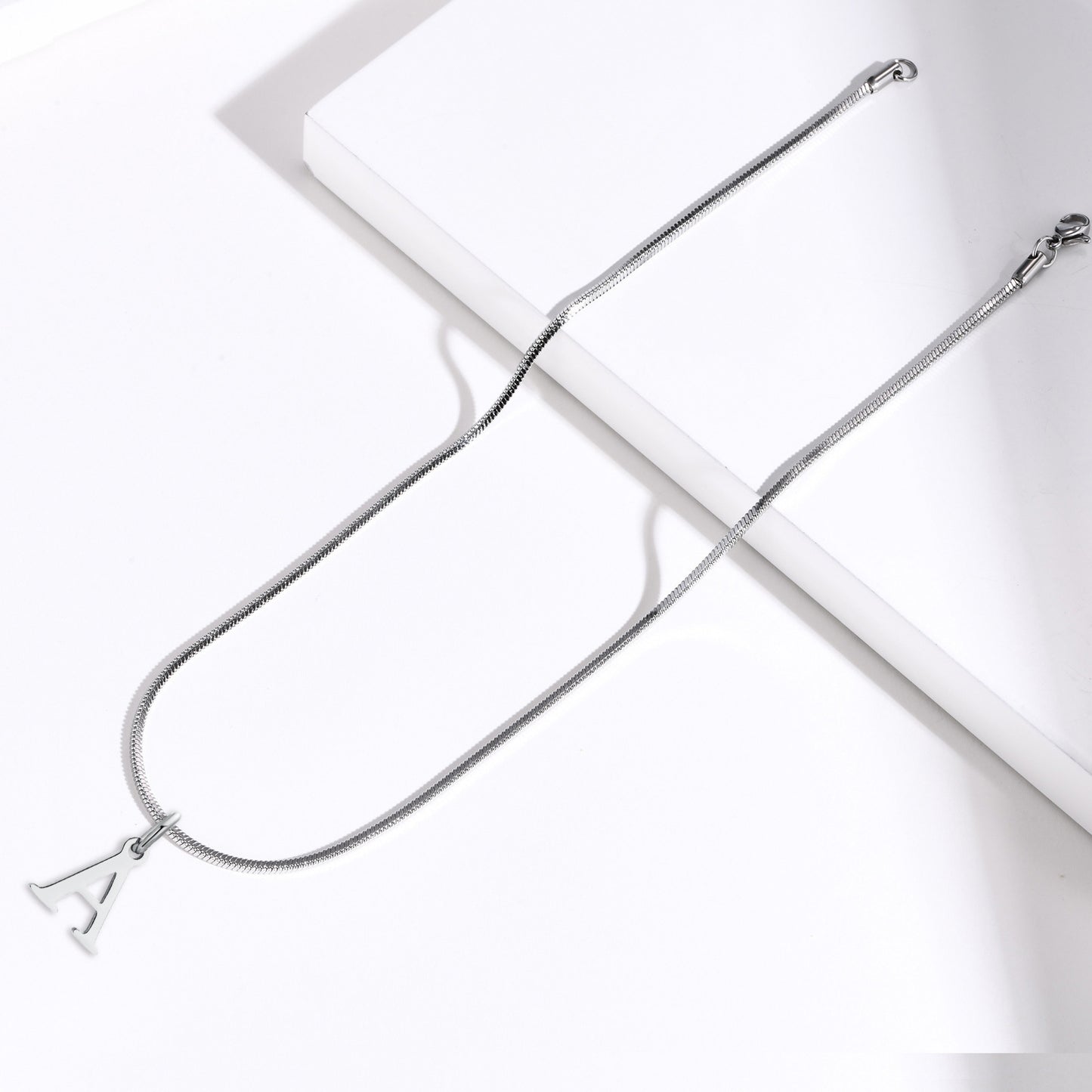 Stainless Steel Square Snake Chain 26 English Letter Necklace Bone Chain Steel Color