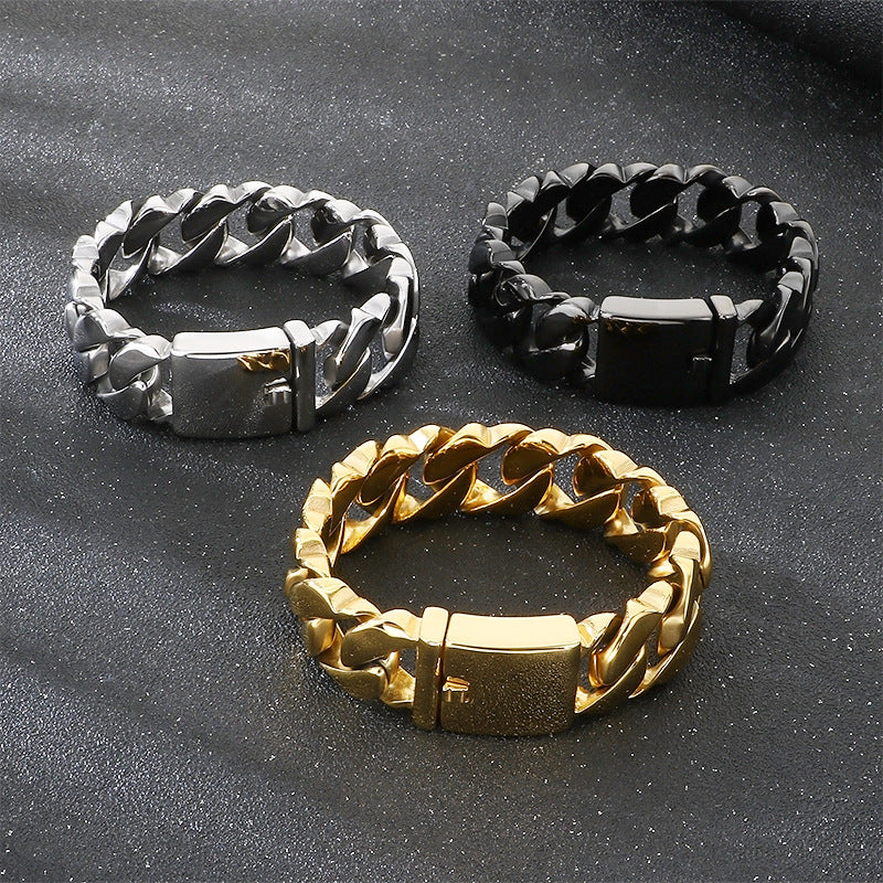 Glossy – In Europe & The United States – 21mm Stainless Steel Wavy Edge Cuban Chain Bracelet