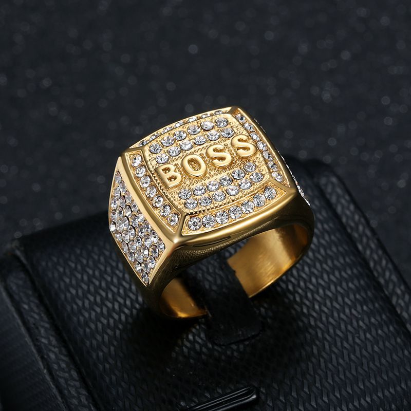 Planderful Hip Hop Ring For Men Titanium Steel Gold Plated Rhinestone Square Boss Letter Bold Statement Accessory