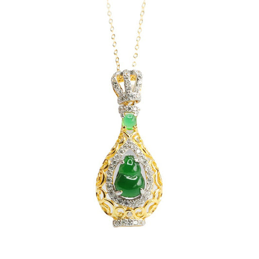 Sterling Silver Necklace with Ice Emperor Green Jade Gourd Crown Pendant