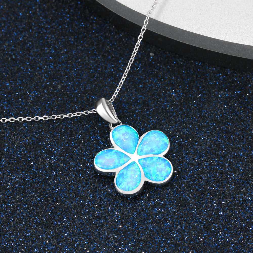Planderful Jewelry Blue Opal Necklace With Flower Pendant In Sterling Silver S925