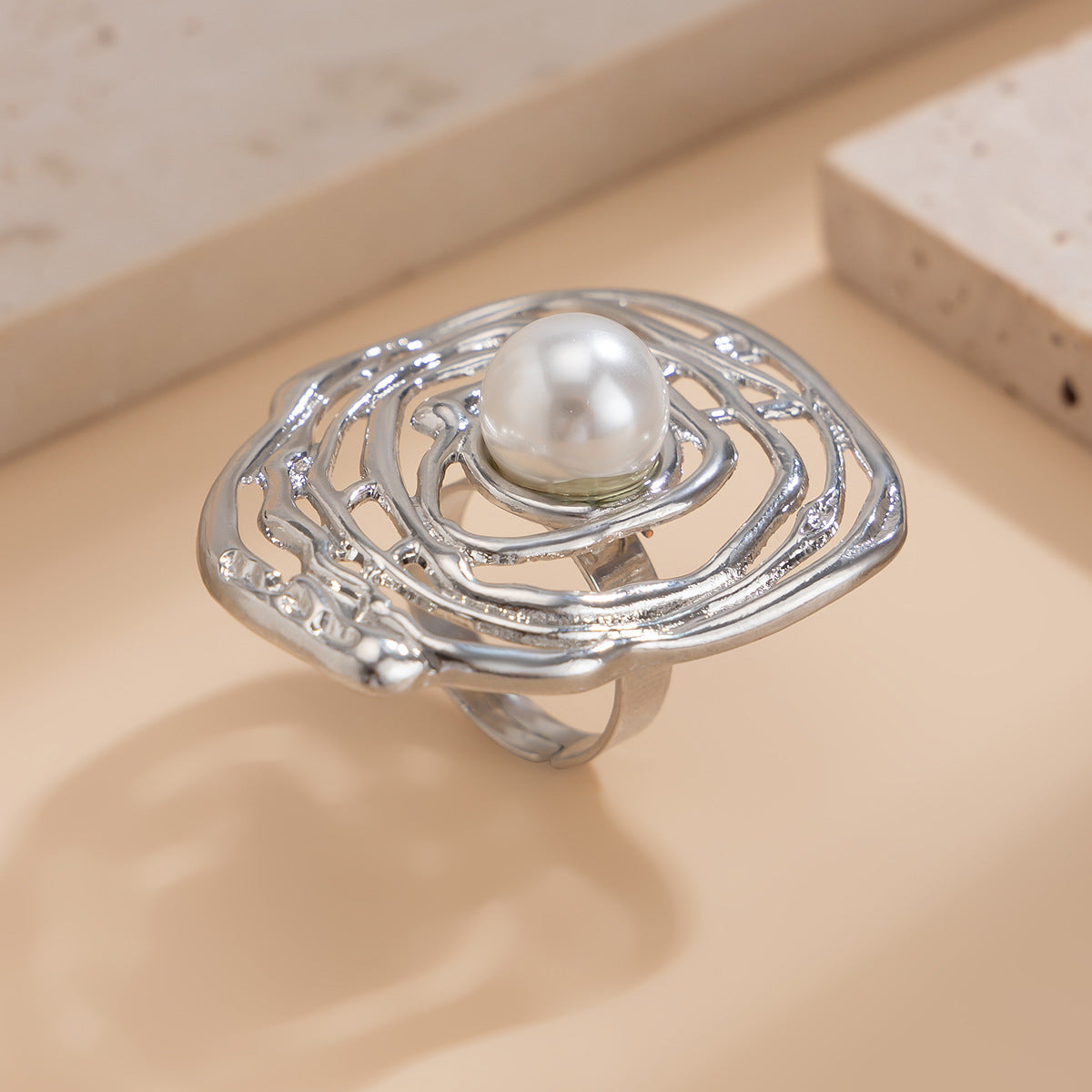 Planderful Vienna Verve Imitation Pearl Ring Open Wind Fold Metal Ring For Trendy Women And Gift Seekers
