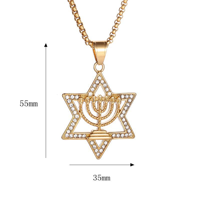 Planderful Everyday Genie Men's Six Pointed Star Necklace Titanium Steel Gold Plated Rhinestones Hip Hop Pendant
