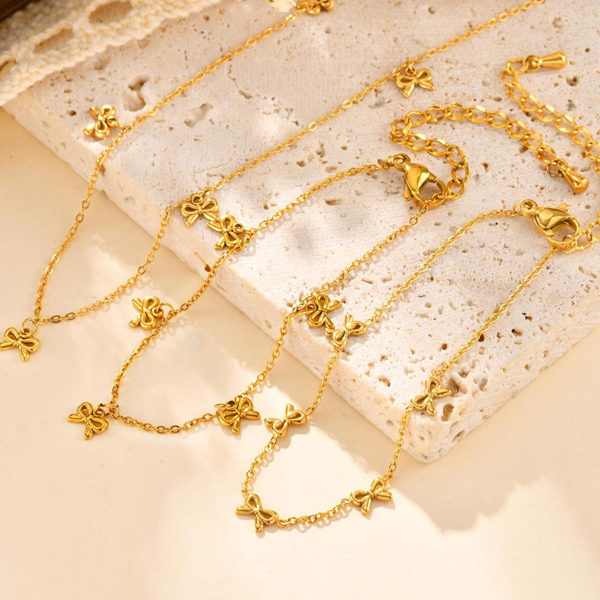 Women's Stainless Steel Flat Cross Chain Bow Bracelet Necklace