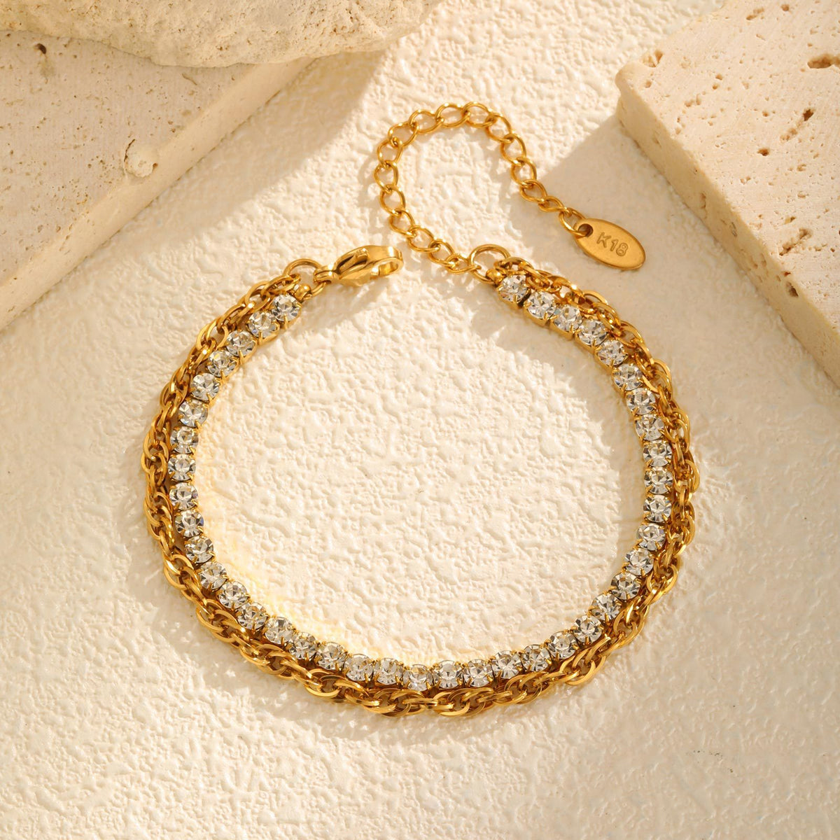 Stainless Steel Gold Braided Twist Twist Chain White Zircon Double Layer Bracelet