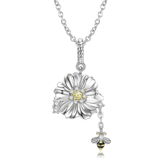 Flower Pendant Tassel Bee Zircon Silver Necklace