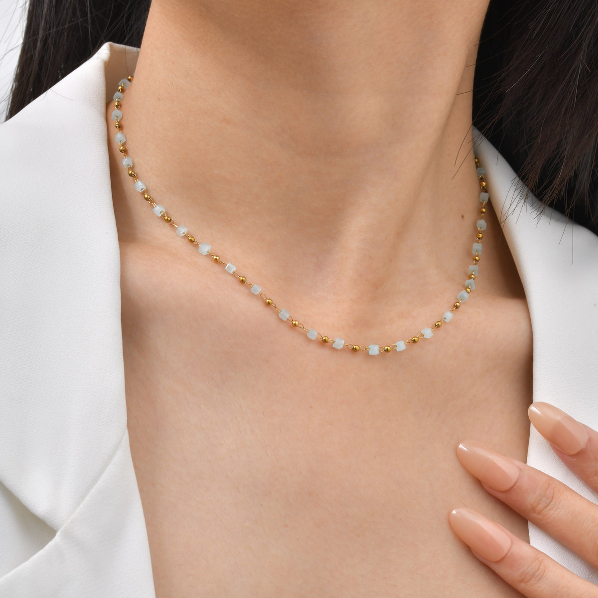 Stainless Steel Beaded Sugar Cube Necklace Light Blue Bead Chain Cherry Sweet Necklace