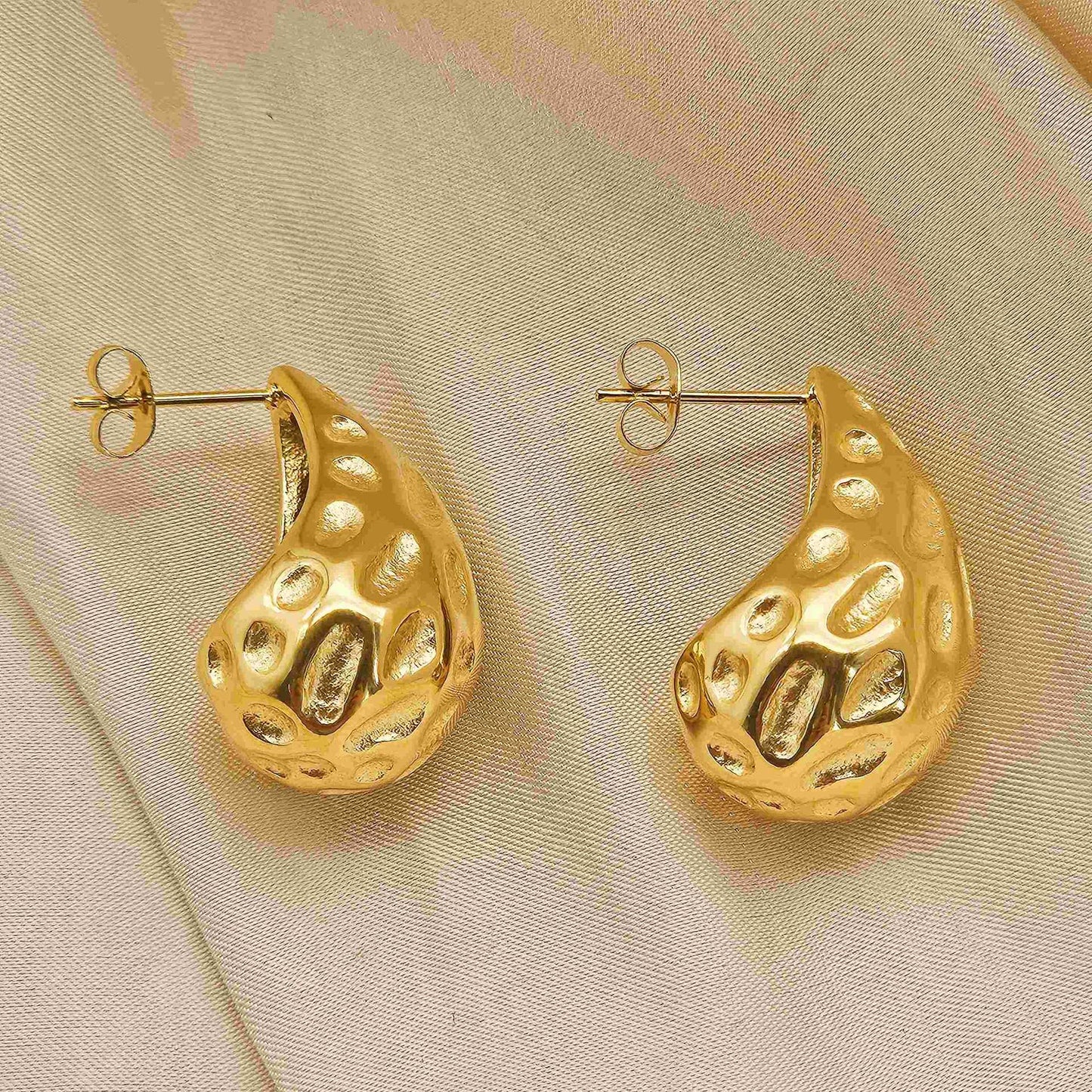 Planderful Water Drop Hammered Stainless Steel Earrings Gold Plated For Women Versatile Fashion Statement