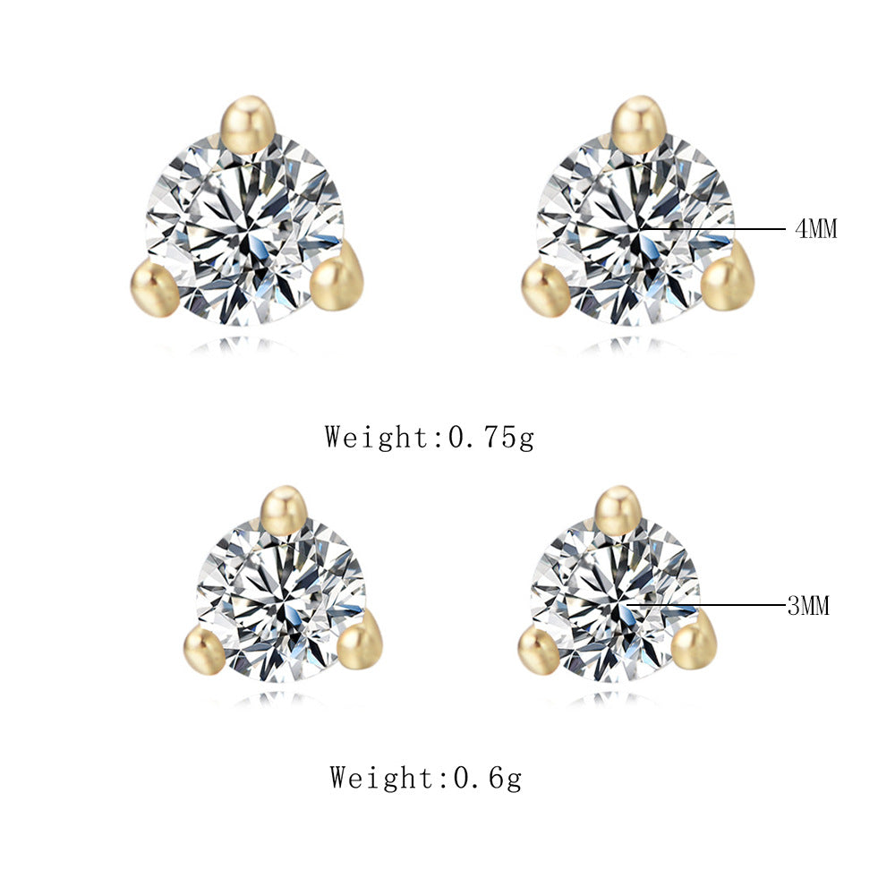 S925 Sterling Silver Three-Claw Round Zircon Stud Earrings Mini Earrings Trinkets
