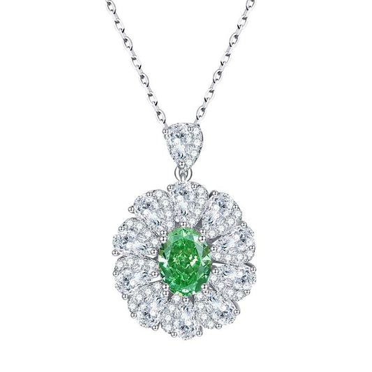 Flower Halo Oval Cut Green Zircon Silver Necklace