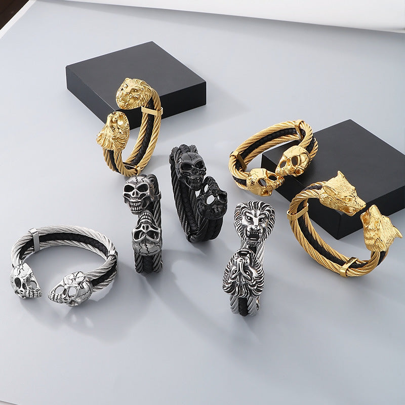 Planderful Mens Skull Wolf Head Steel Leather Bracelet