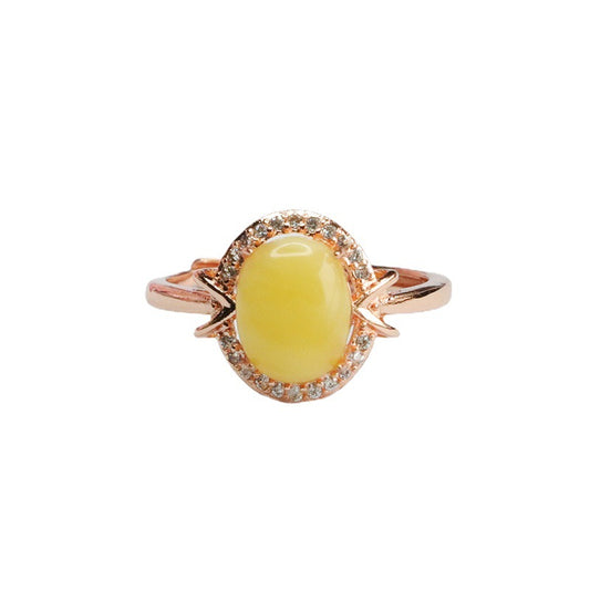 Golden Halo Adjustable Ring with Beeswax Amber Gem
