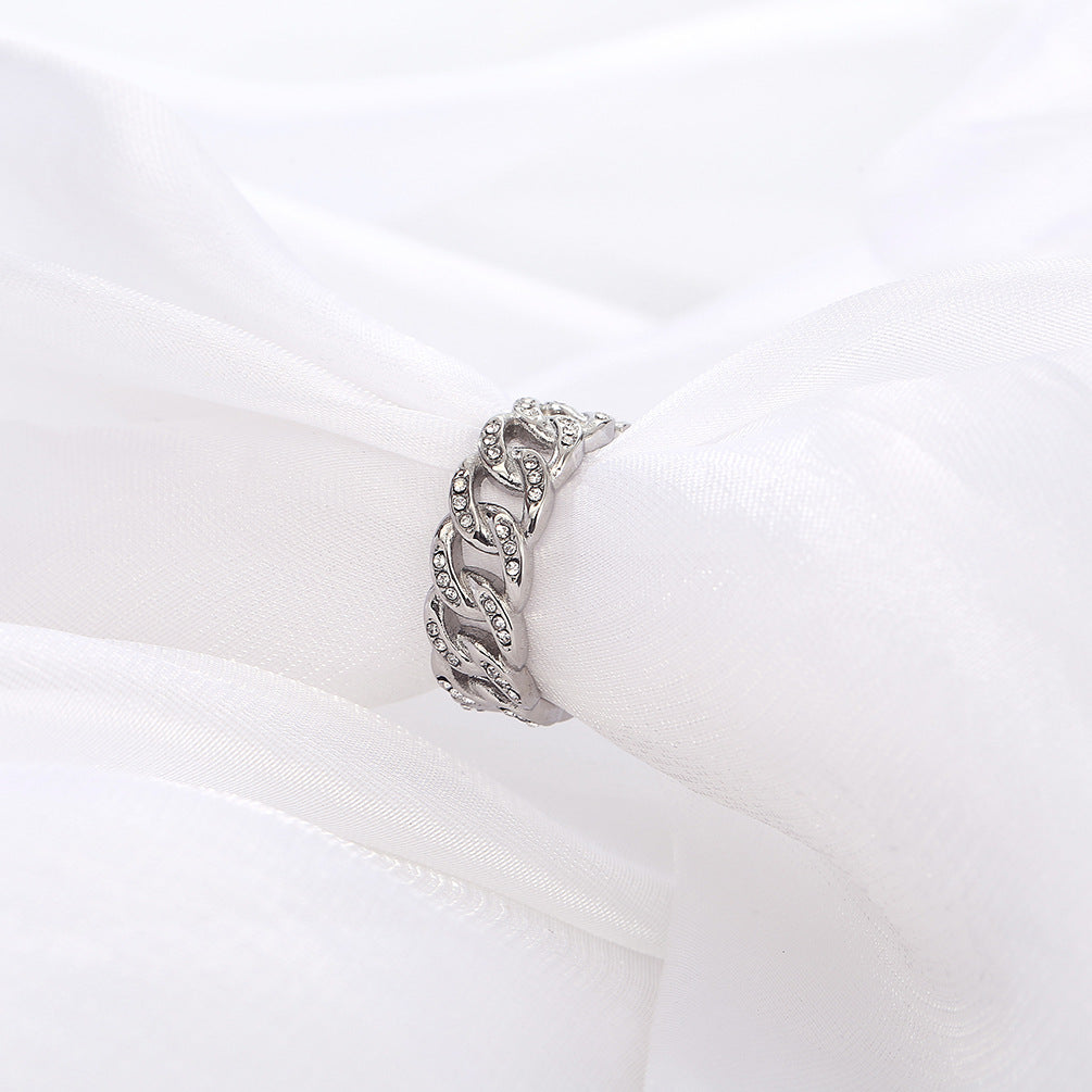 Planderful Titanium Cuban Chain Ring With Zircon Inlay For Hip Hop Style Men Unisex Luxury Jewelry