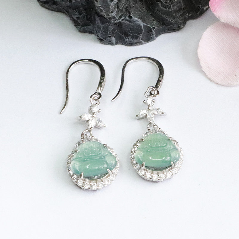 Icy Blue Jadeite Buddha 925 Silver Hook Earrings