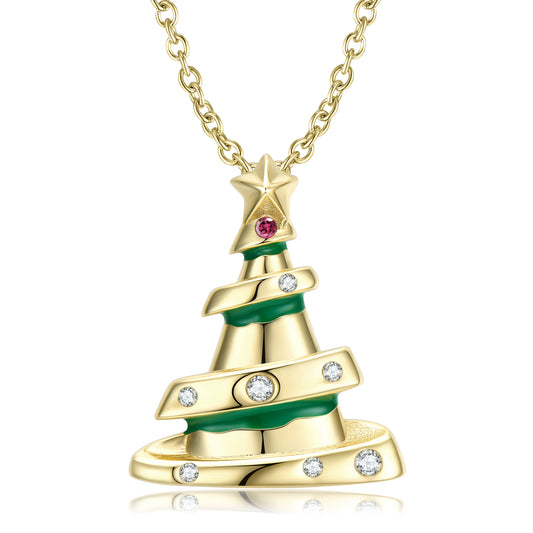 Christmas Tree Pendant Zircon Silver Necklace