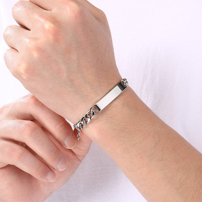 Engravable Curved Bar Bracelet – Layered Cuban Chain Titanium Steel Men's Bracelet