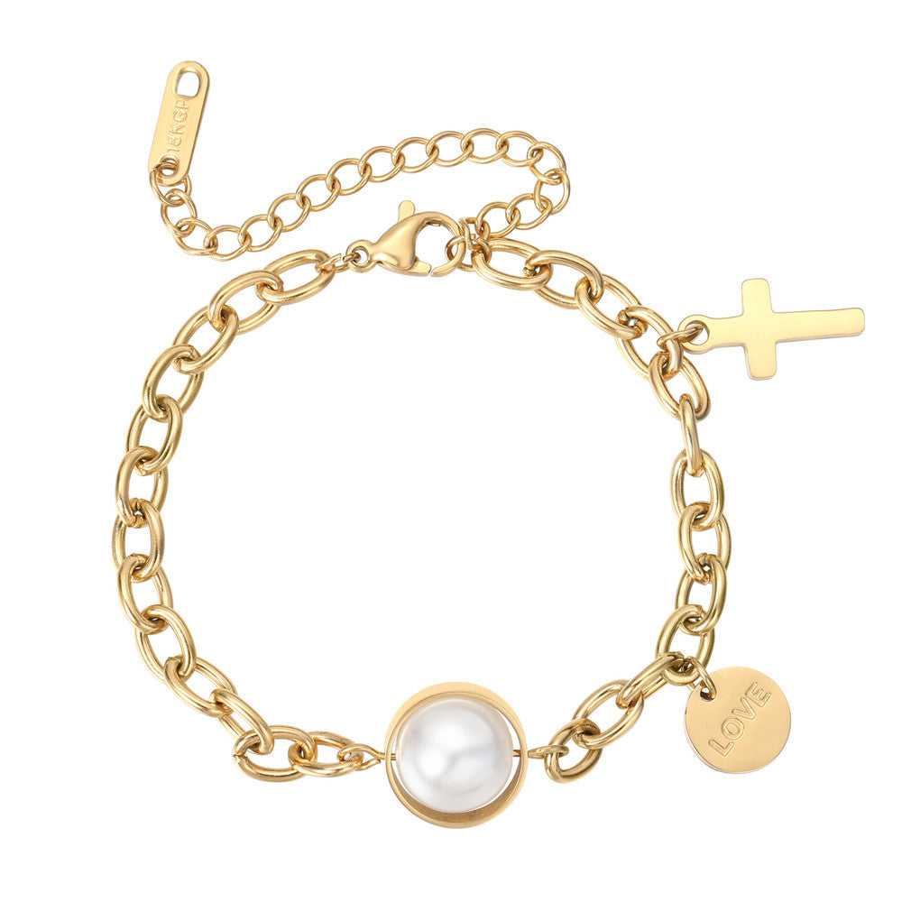 Planderful Pearl Cross Bracelet For Women Titanium Steel Durable Elegant Everyday Statement Accessory