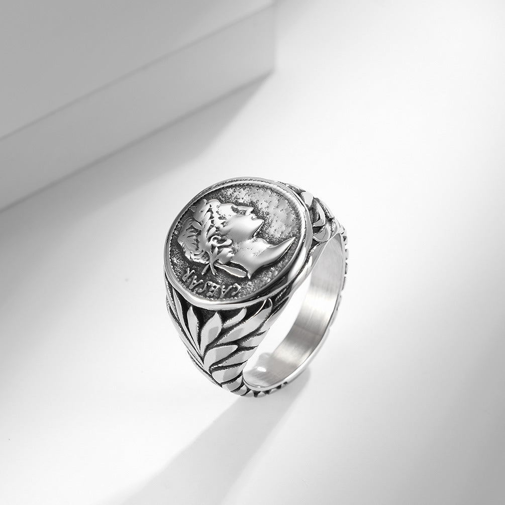 European And American Style Roman Empire Julius Caesar Stainless Steel Ring, Retro Coin Caesar Head Hipster Jewelry For Men