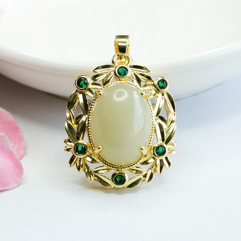 Green Zircon Bamboo Leaf Oval Hotan Jade Pendant Jewelry