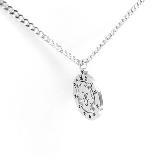 Planderful Jewelry Samoyed Dog Round Necklace Cartoon Pendant Stainless Steel For Men And Women