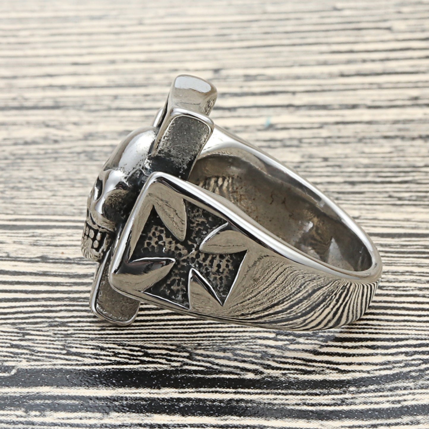 Titanium Steel Punk Skull Ring for Men - Retro Cross Design in European and American Style