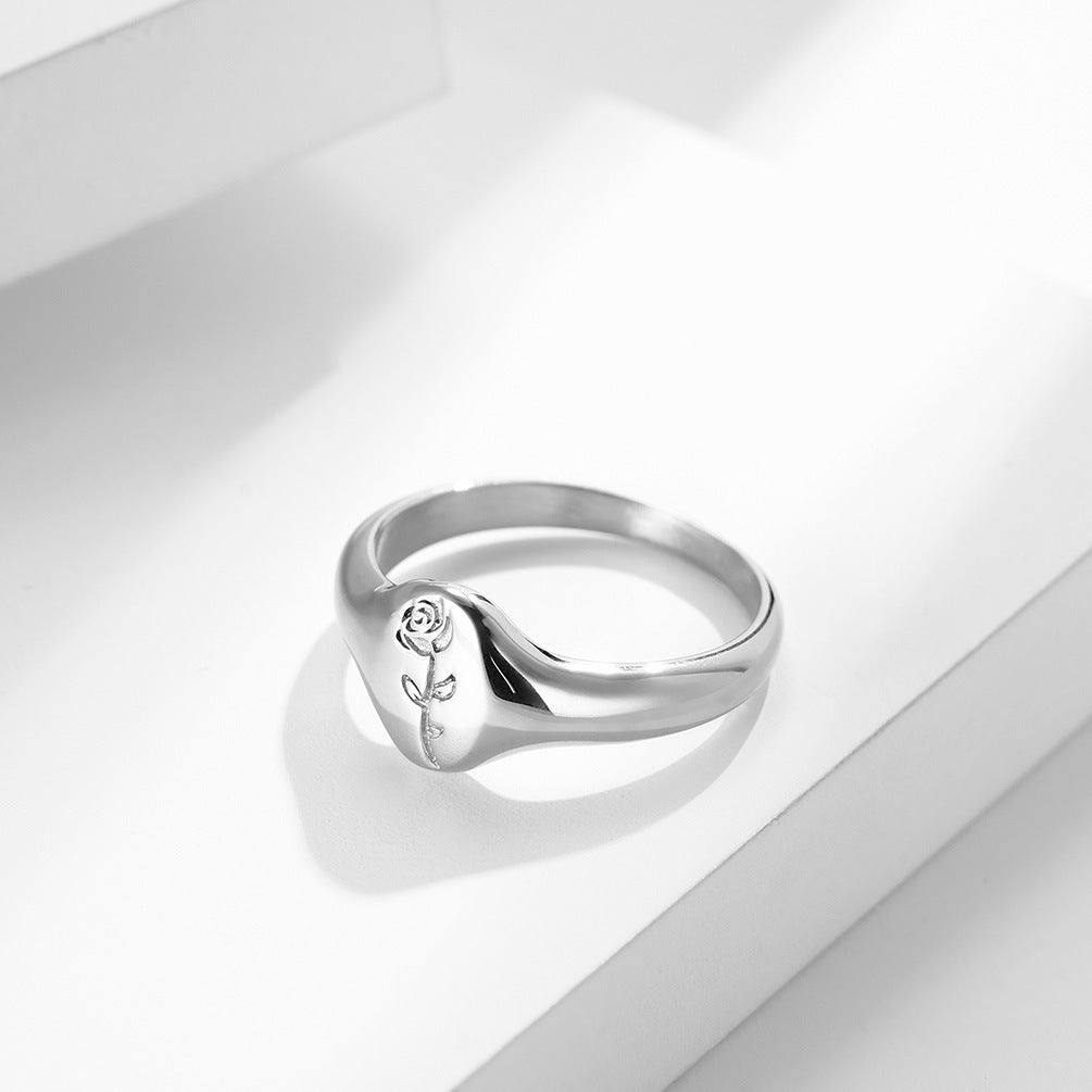 Steel Ring - Elegant European And American Style Floral Seal Ring For Everyday Wear