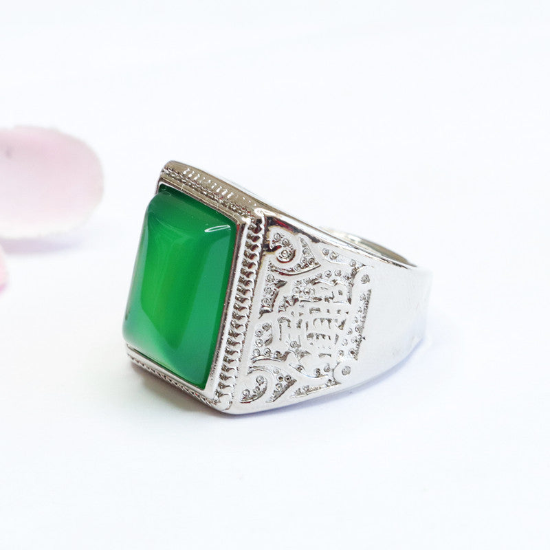 Wide Hollow Sterling Silver Ring with Natural Green Chalcedony