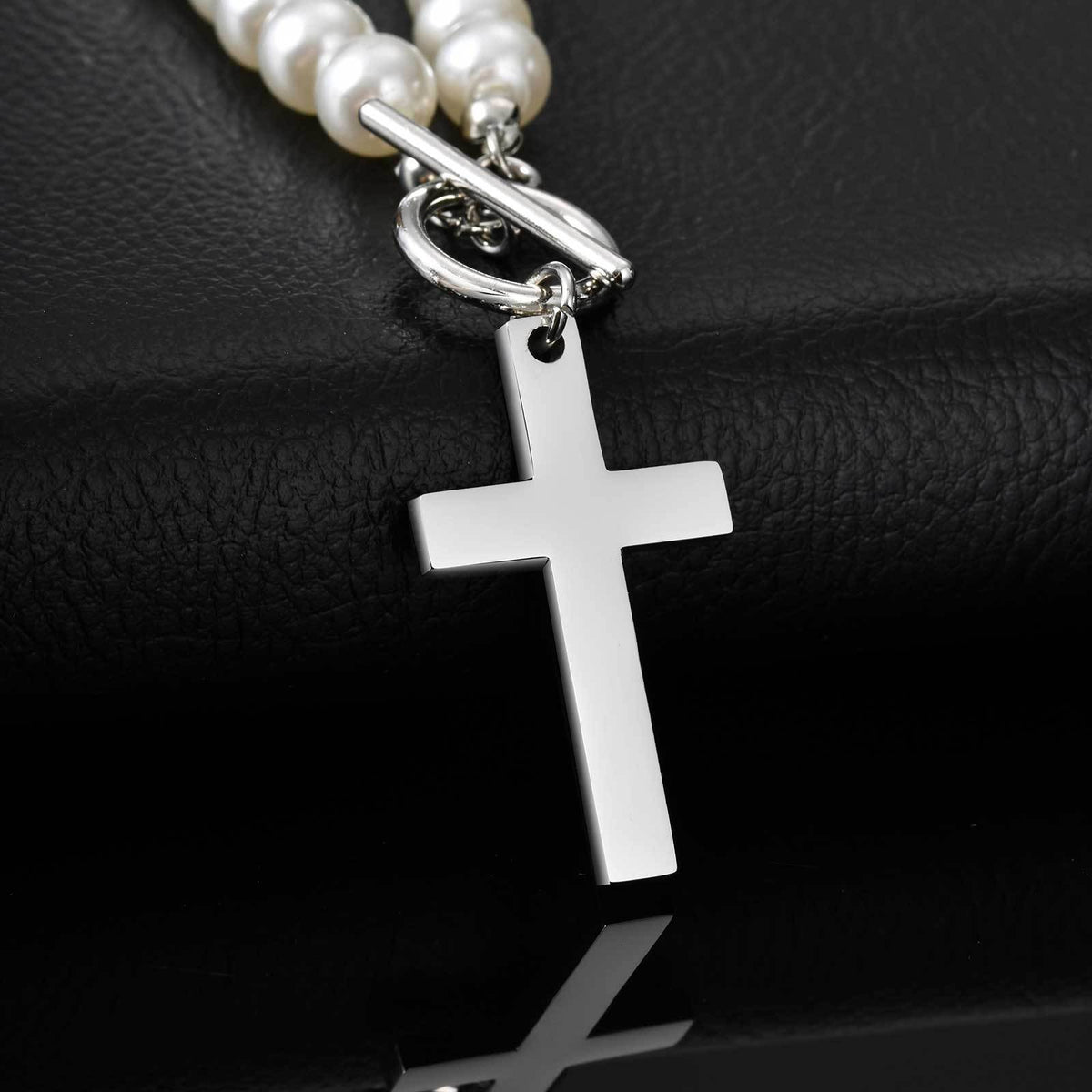 Stainless Steel Kusa Casual Cross Pendant Imitation Pearl Necklace Steel Color