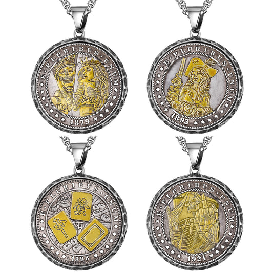 Stainless Steel Necklace - Statement Skull Disc Pendant With Mahjong Coin Charm Limited Edition