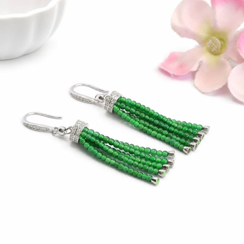 Jadeite Tassel 925 Silver Drop Earrings