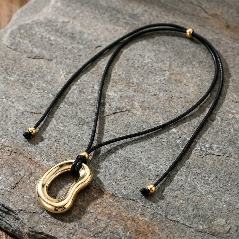 Minimalist Trend Versatile Irregular O-Shaped Pendant Adjustable Black Wax Rope Stainless Steel Men's Necklace