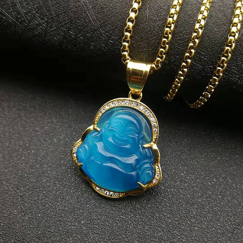 Planderful Maitreya Buddha Pendant Necklace Stainless Steel Gold Plated Zircon Opal Hip Hop Style For Men Women