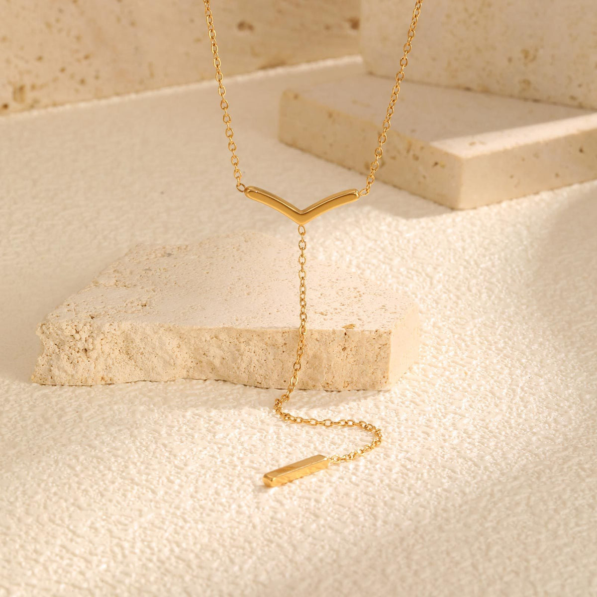 Stainless Steel Flat Cross Chain Y-Shaped Gold-Plated Necklace Women