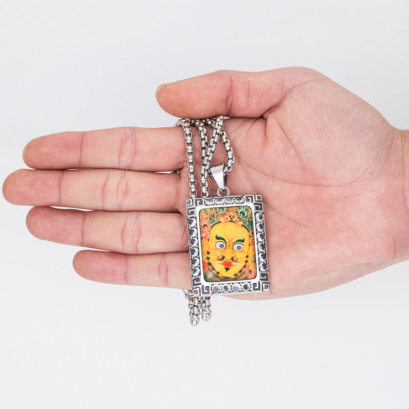 Steel Necklace - Vintage Tibetan Thangka Pendant