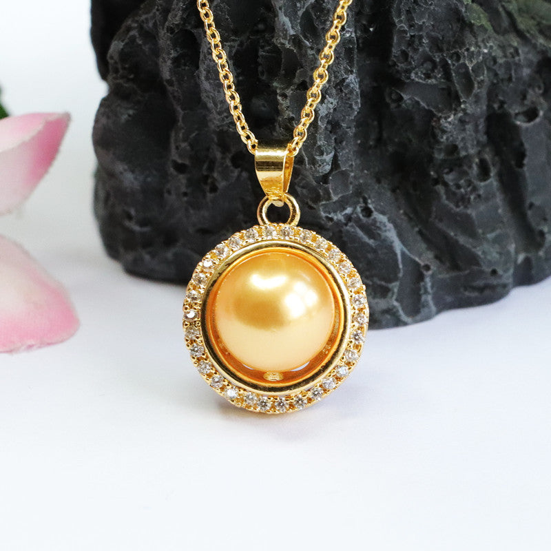 Champagne Shell Pearl Single Halo Pendant — No Chain