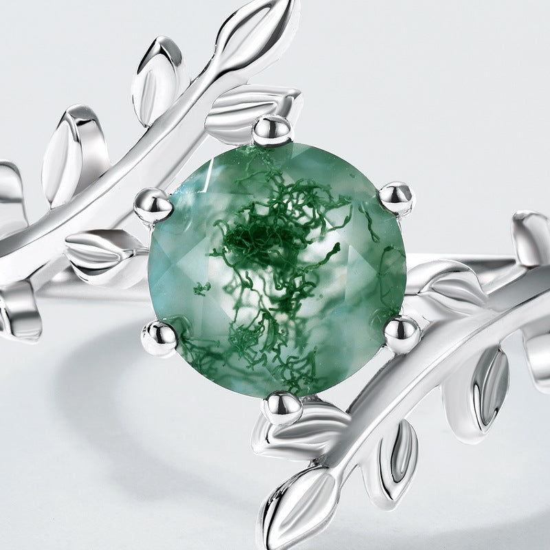 S925 Sterling Silver Moss Agate Olive Branch Ring