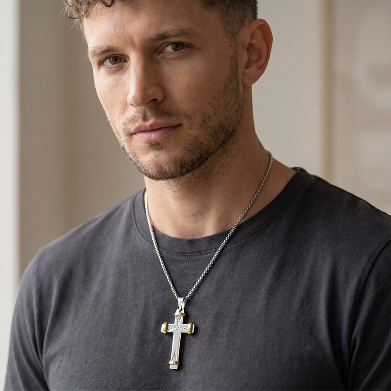 Hip Hop Triangle Array Zircon Cross Pendant Stainless Steel Men's Cross Pendant Necklace