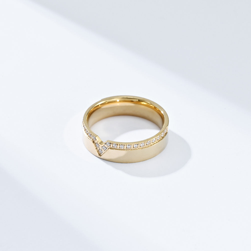 Stainless Steel Engraving Zircon V-Shaped Ring Women's