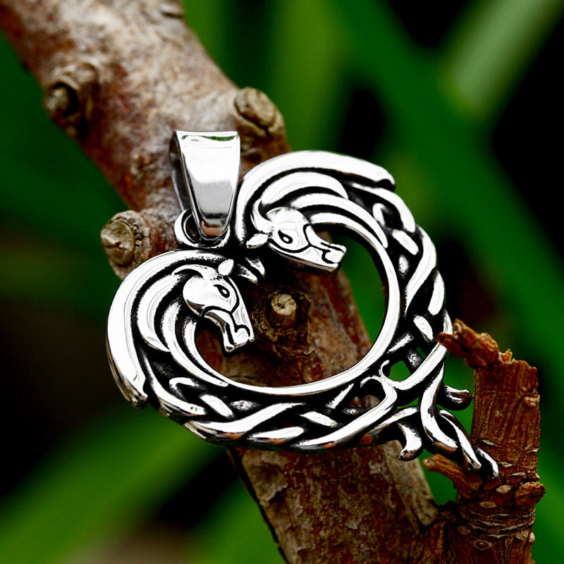 Titanium Steel Double Horse Love Pendant - Nordic Retro Viking Celtic Knot Design for Men