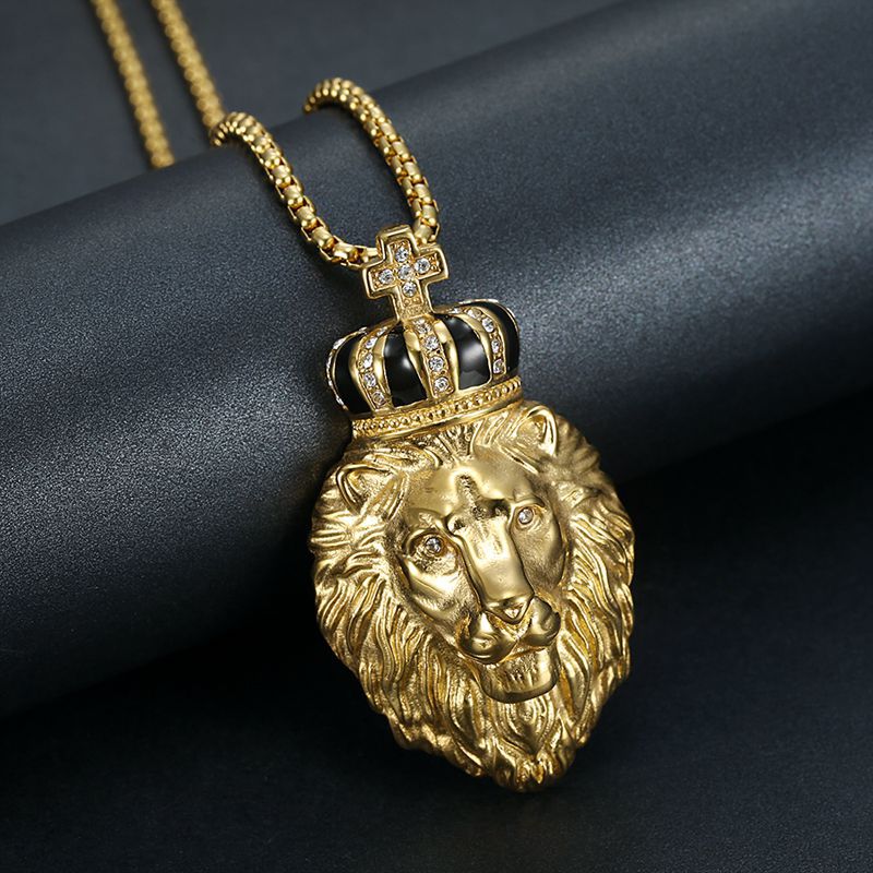 Steel Necklace – Statement Rhinestone Crown Lion Pendant