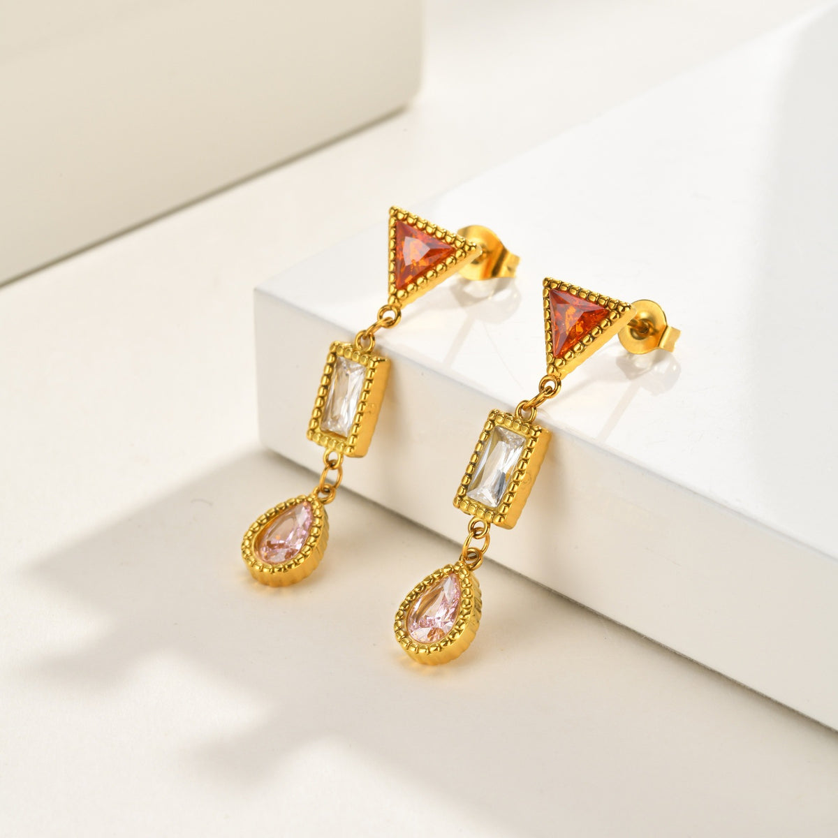 Multicolor Crystal Geometric Drop Earrings — Gold Pair