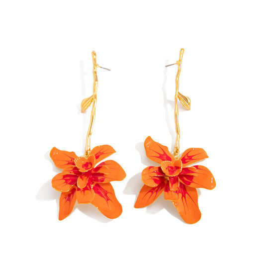 Planderful Vienna Verve Statement Flower Earrings Long Metal Stud Earrings For Fashion Forward Women