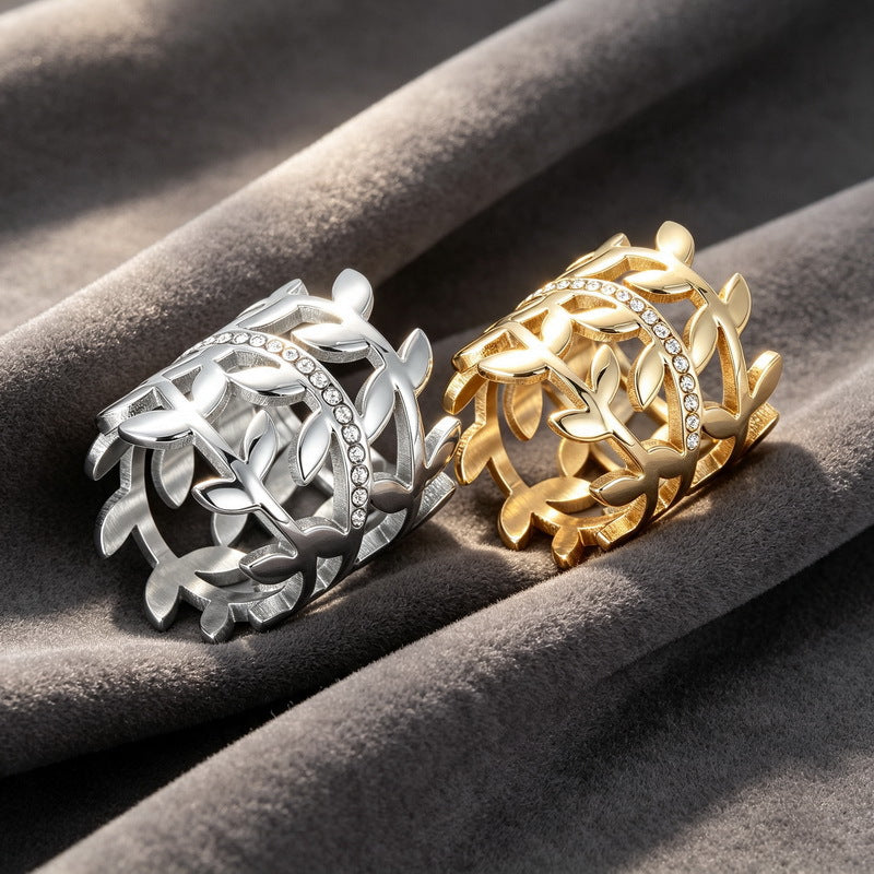 Hollow Olive Branch Inlaid Zircon Titanium Steel Ring 26mm Wide