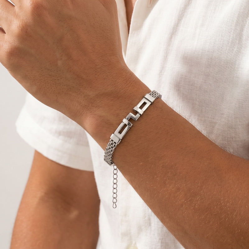 With Extension Chain Bracelet – Hip-Hop Back Pattern Labyrinth Curved Bar Mesh Chain