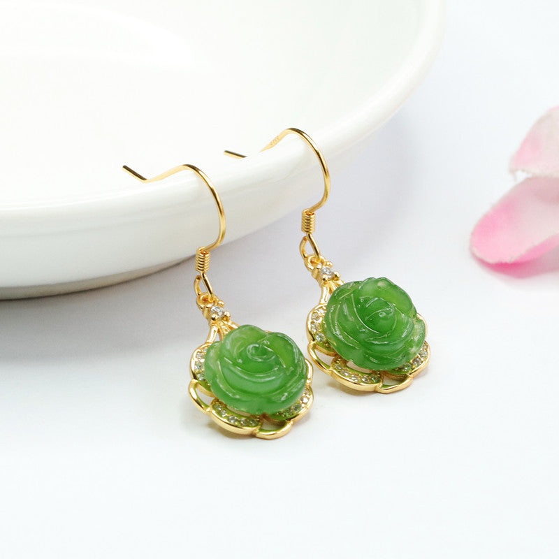 Sterling Silver Rose Earrings with Natural Hetian Jade Insets