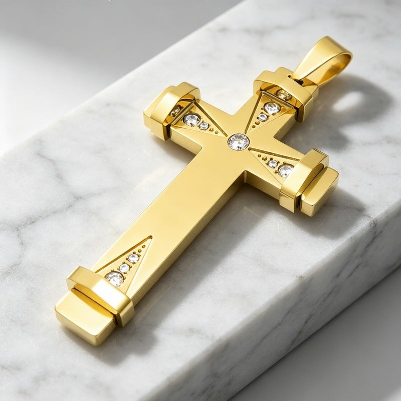 Hip Hop Triangle Array Zircon Cross Pendant Stainless Steel Men's Cross Pendant Necklace