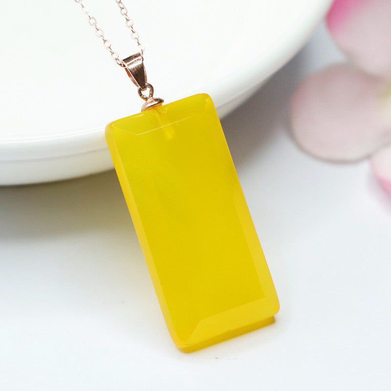 Yellow Chalcedony Square Peace Plaque Silver Pendant — No Chain
